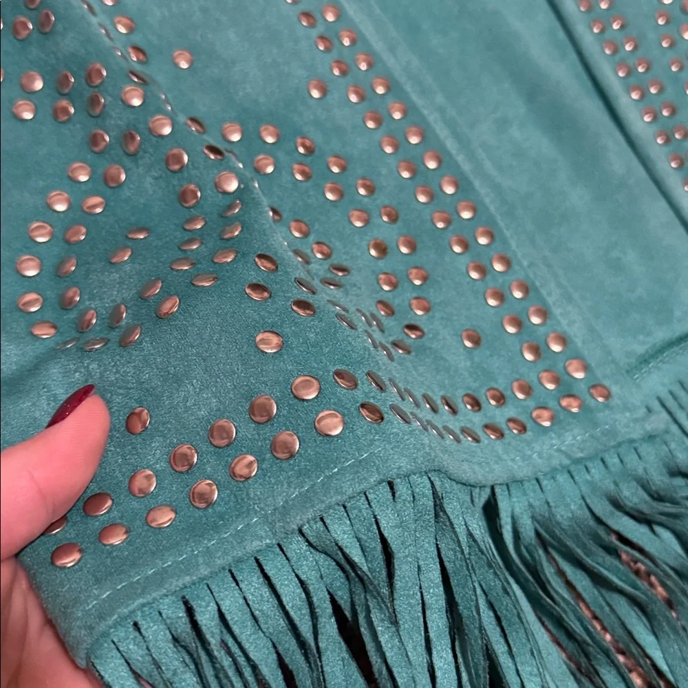 Teal Fringe Vest with Studded Design - Picture 2 of 6